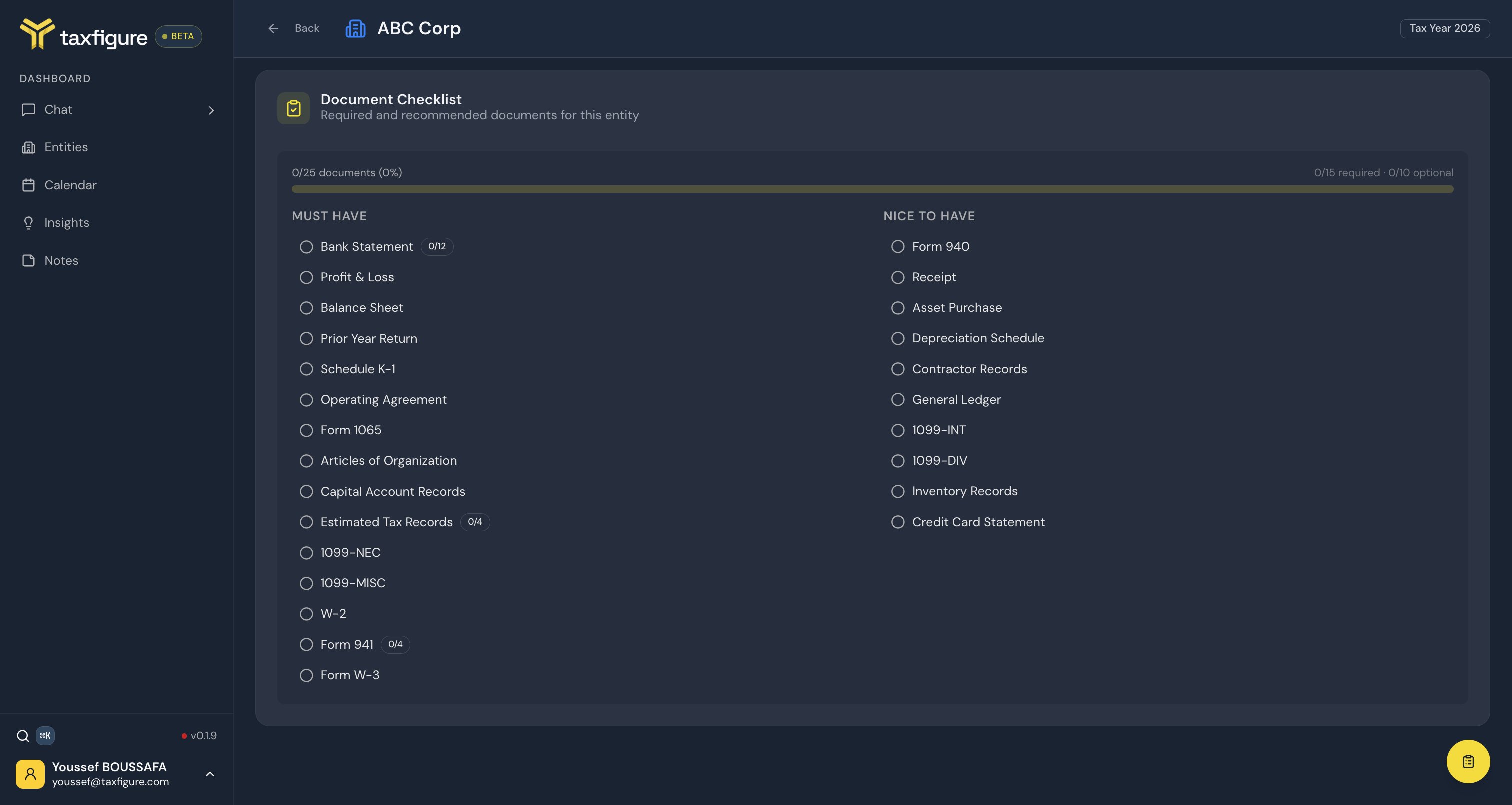 Document Checklist inside an entity workspace