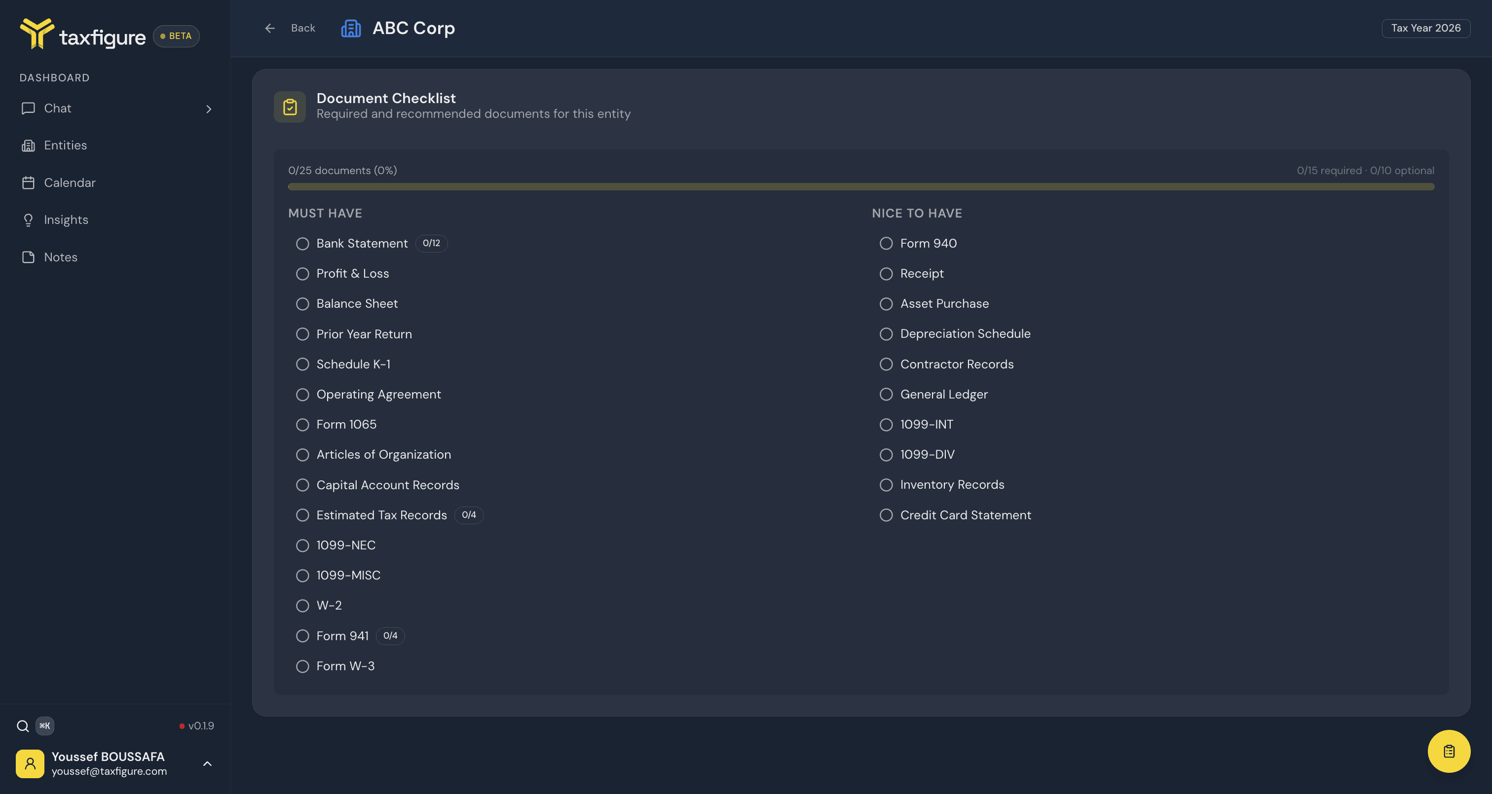Document Checklist inside an entity workspace