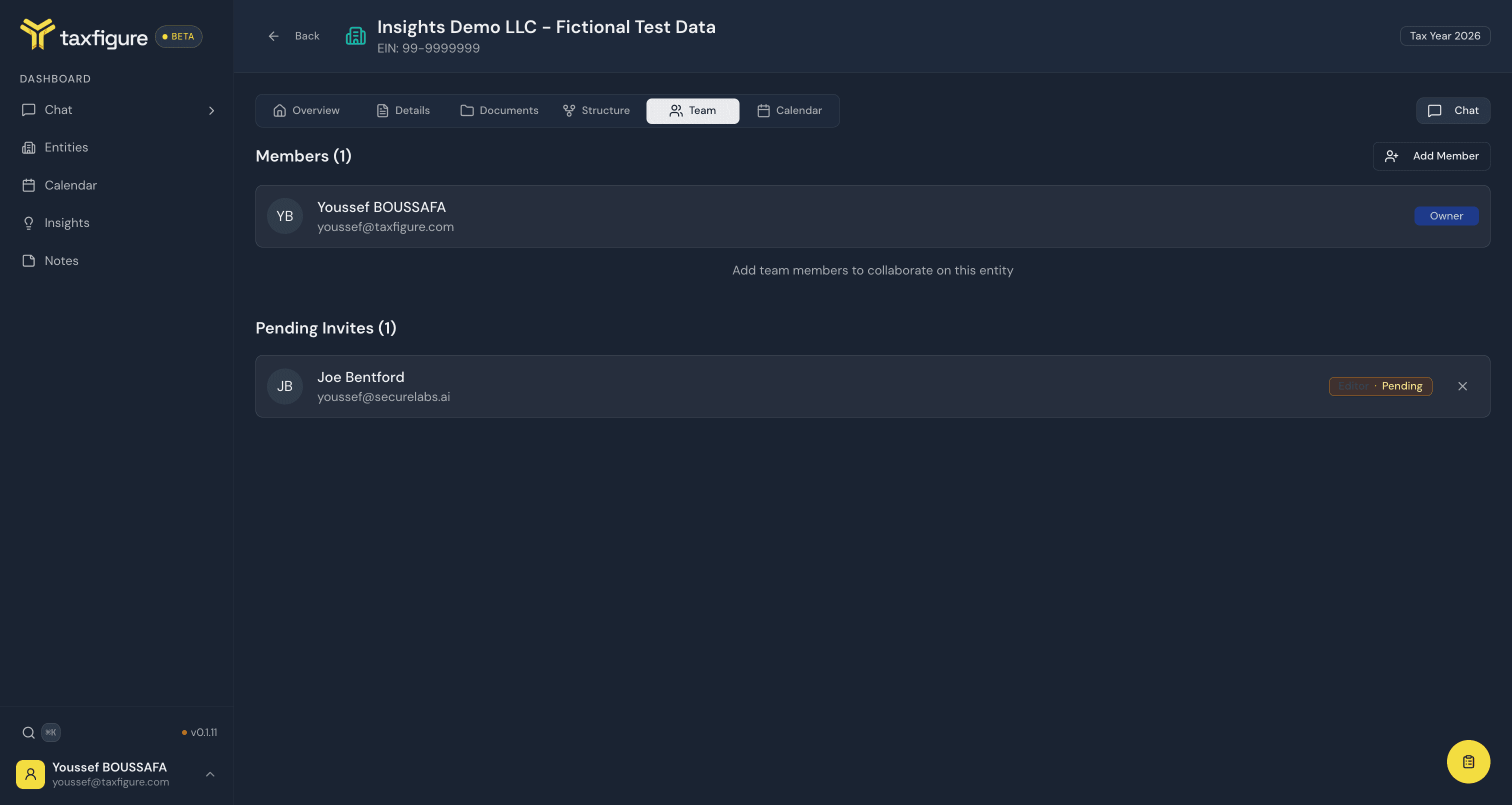 Team tab with a pending entity invite