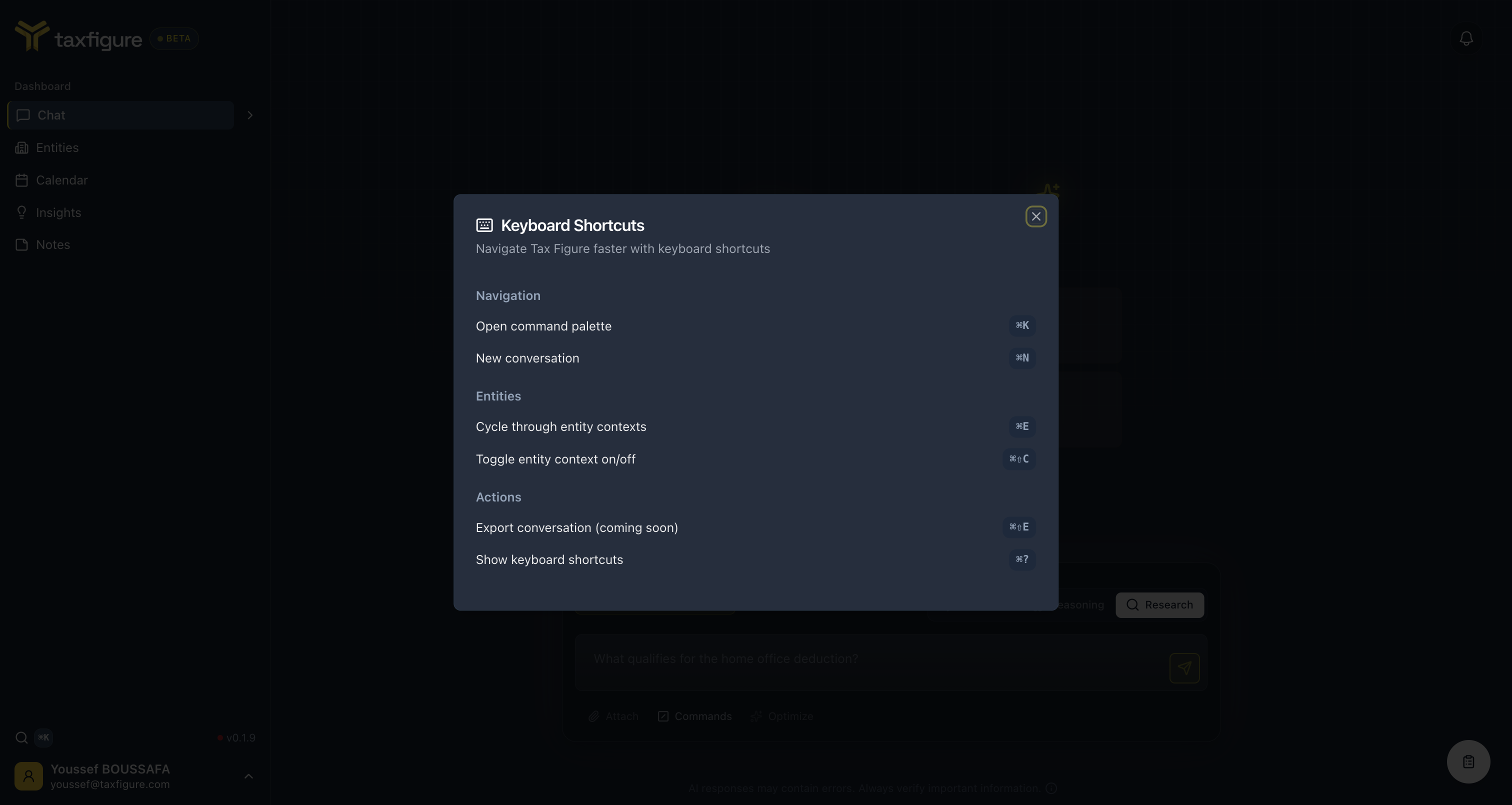 Keyboard shortcuts dialog