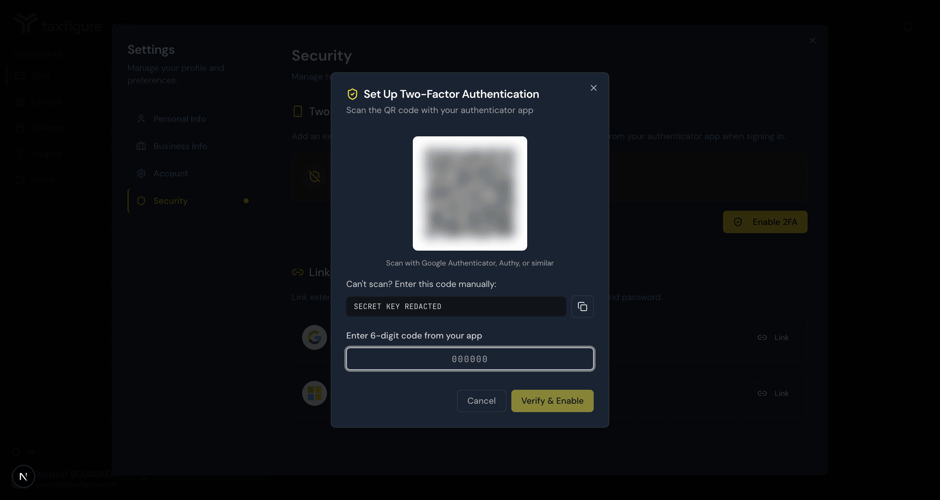 Set Up Two-Factor Authentication dialog with a QR code and manual secret key