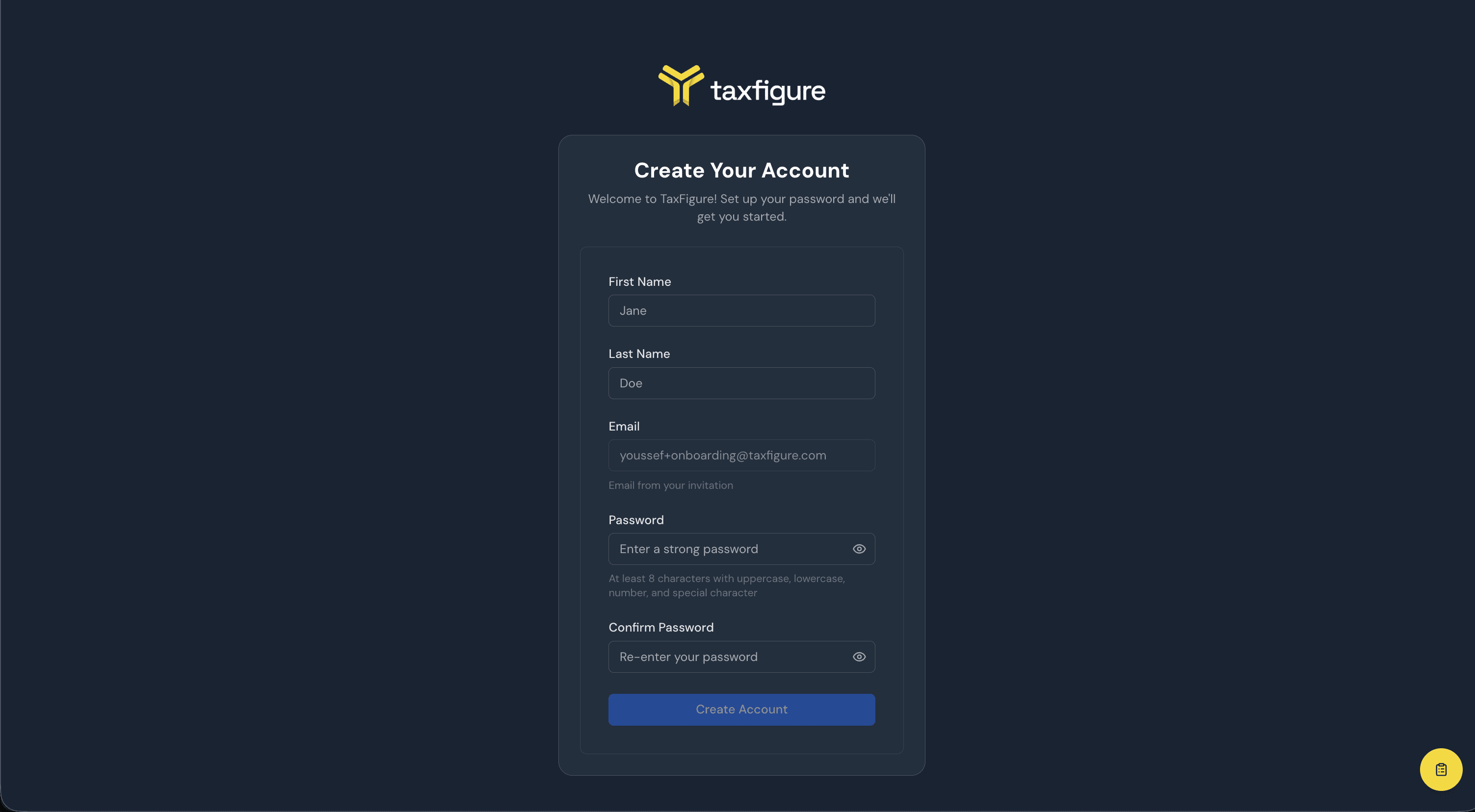 Create your account screen