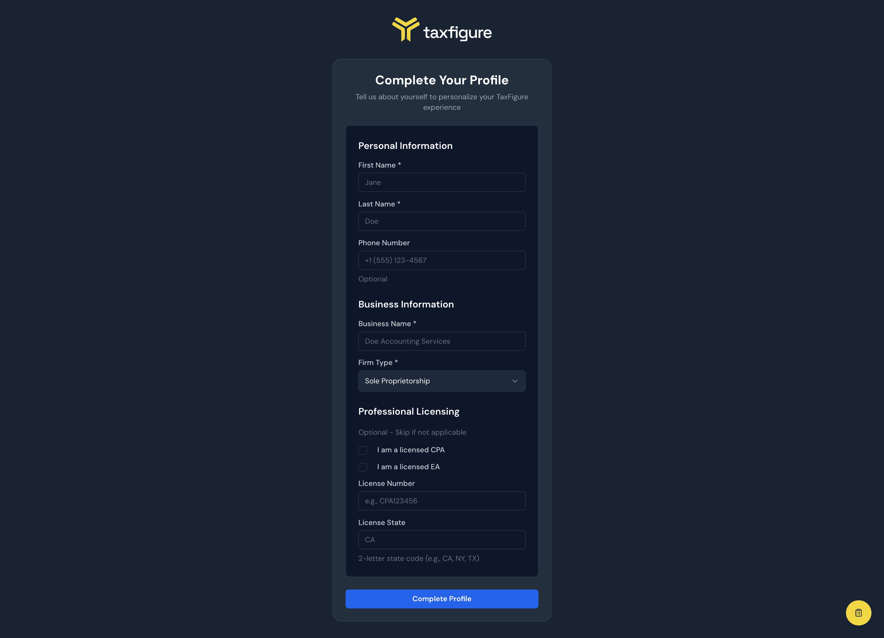 Complete your profile screen