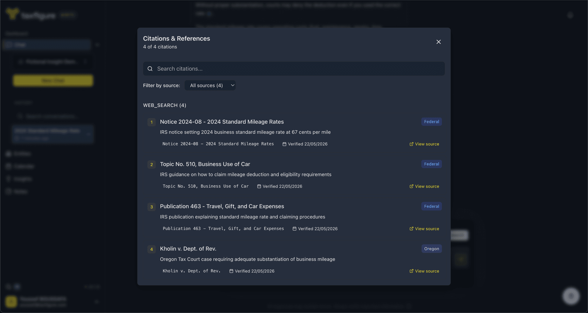 Full Citations & References panel with search, source filter, and per-citation jurisdiction badges