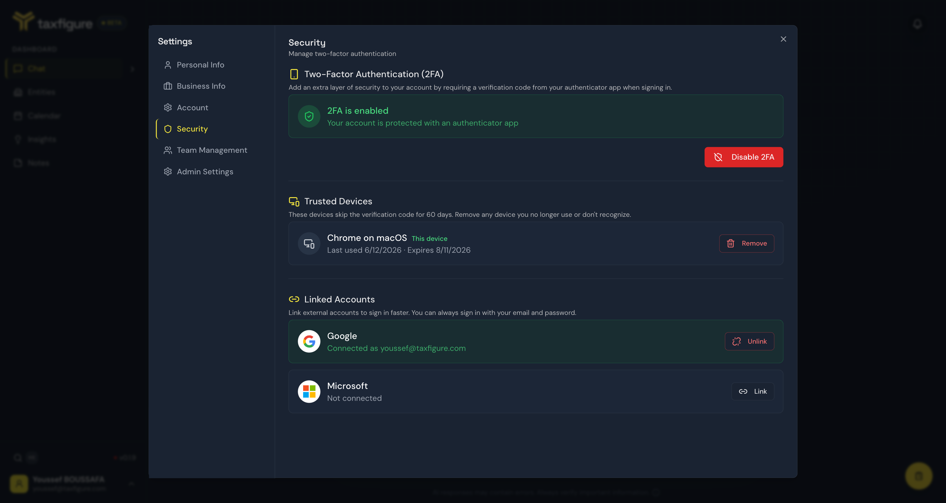 Security tab showing 2FA enabled and a trusted device entry