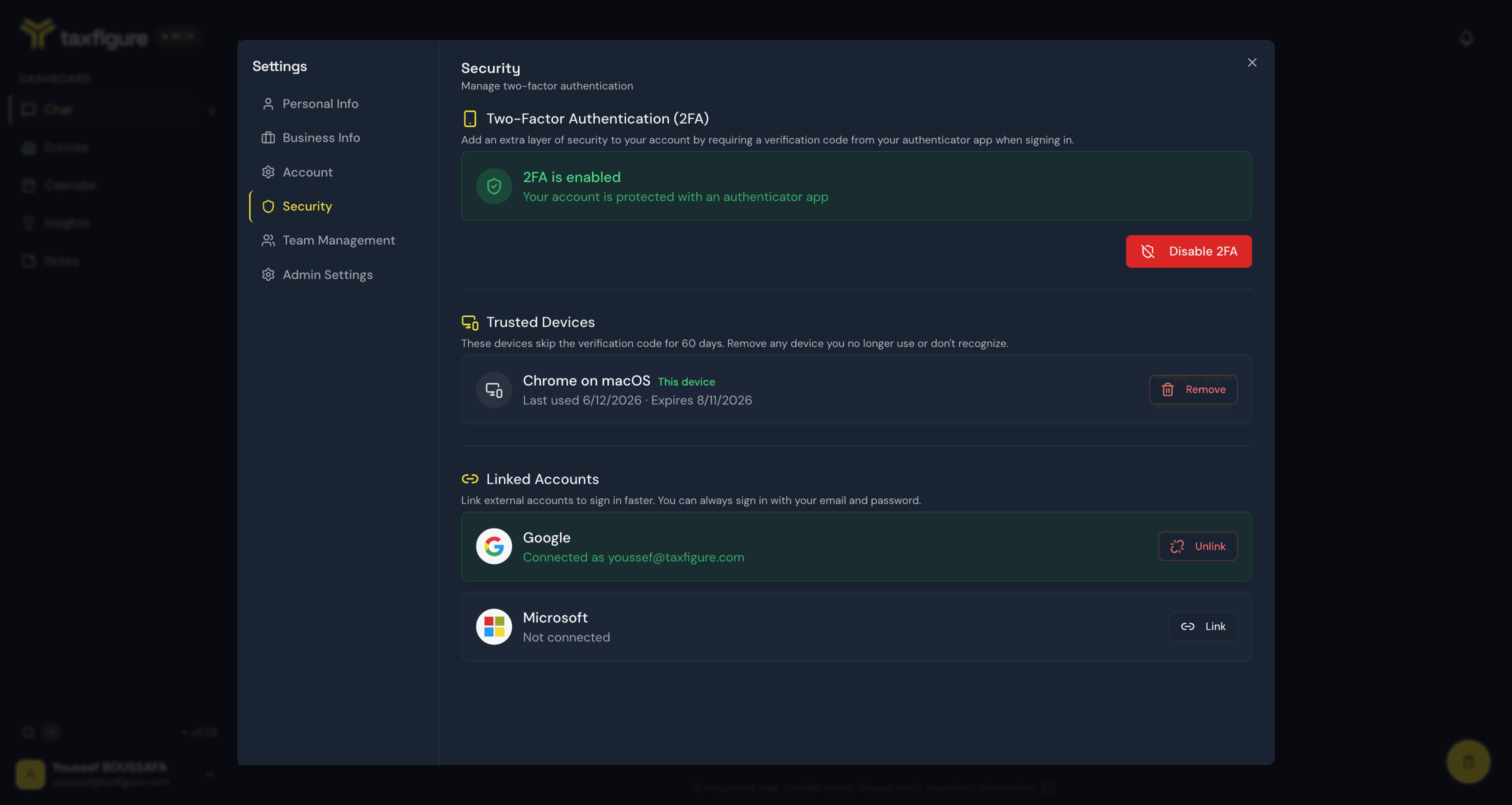 Security tab showing 2FA enabled and a trusted device entry