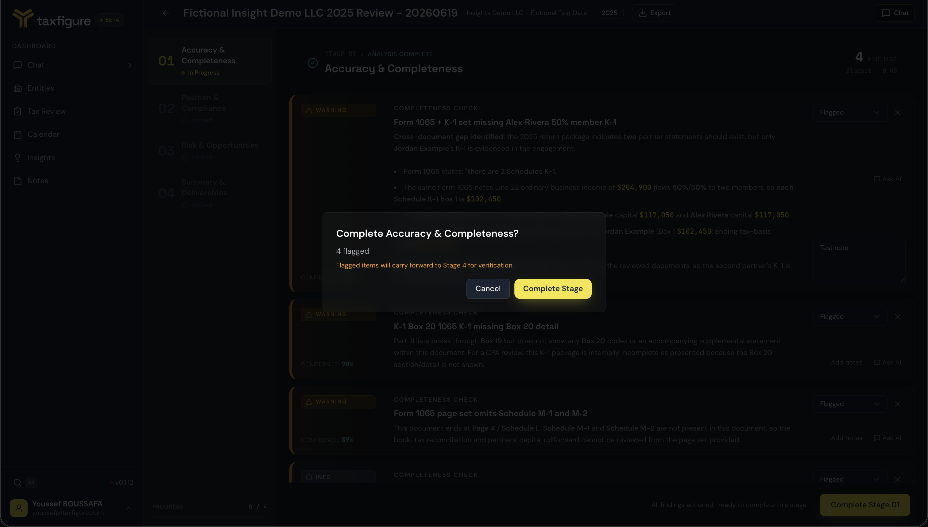 Complete Stage confirmation showing flagged items carry forward