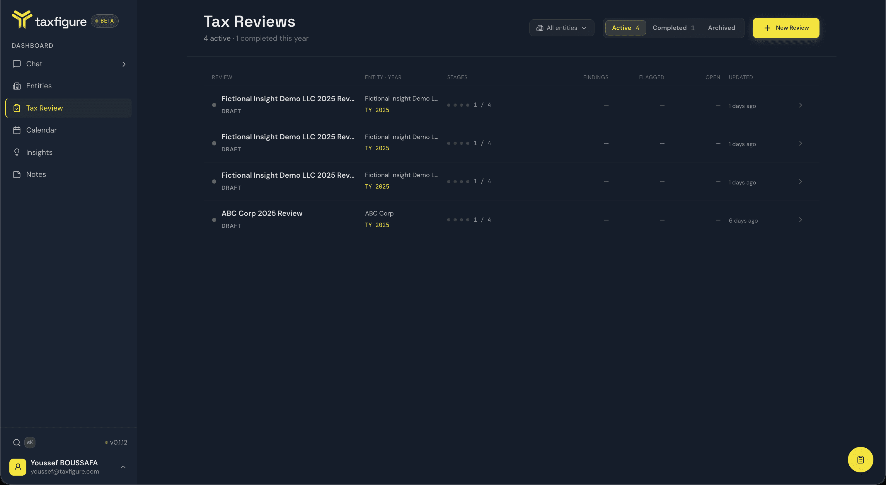 The Tax Reviews list, Active tab
