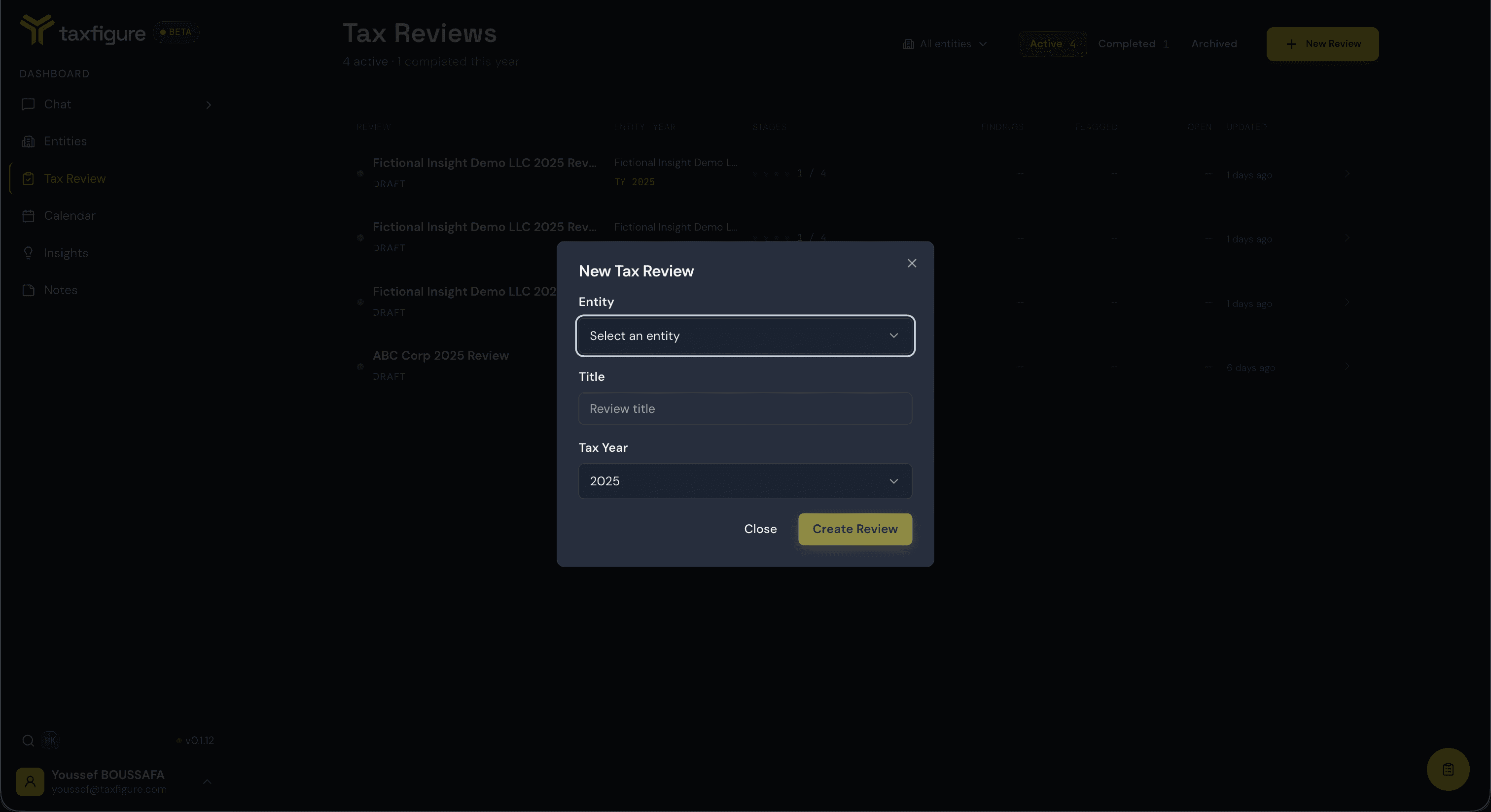 The New Tax Review dialog