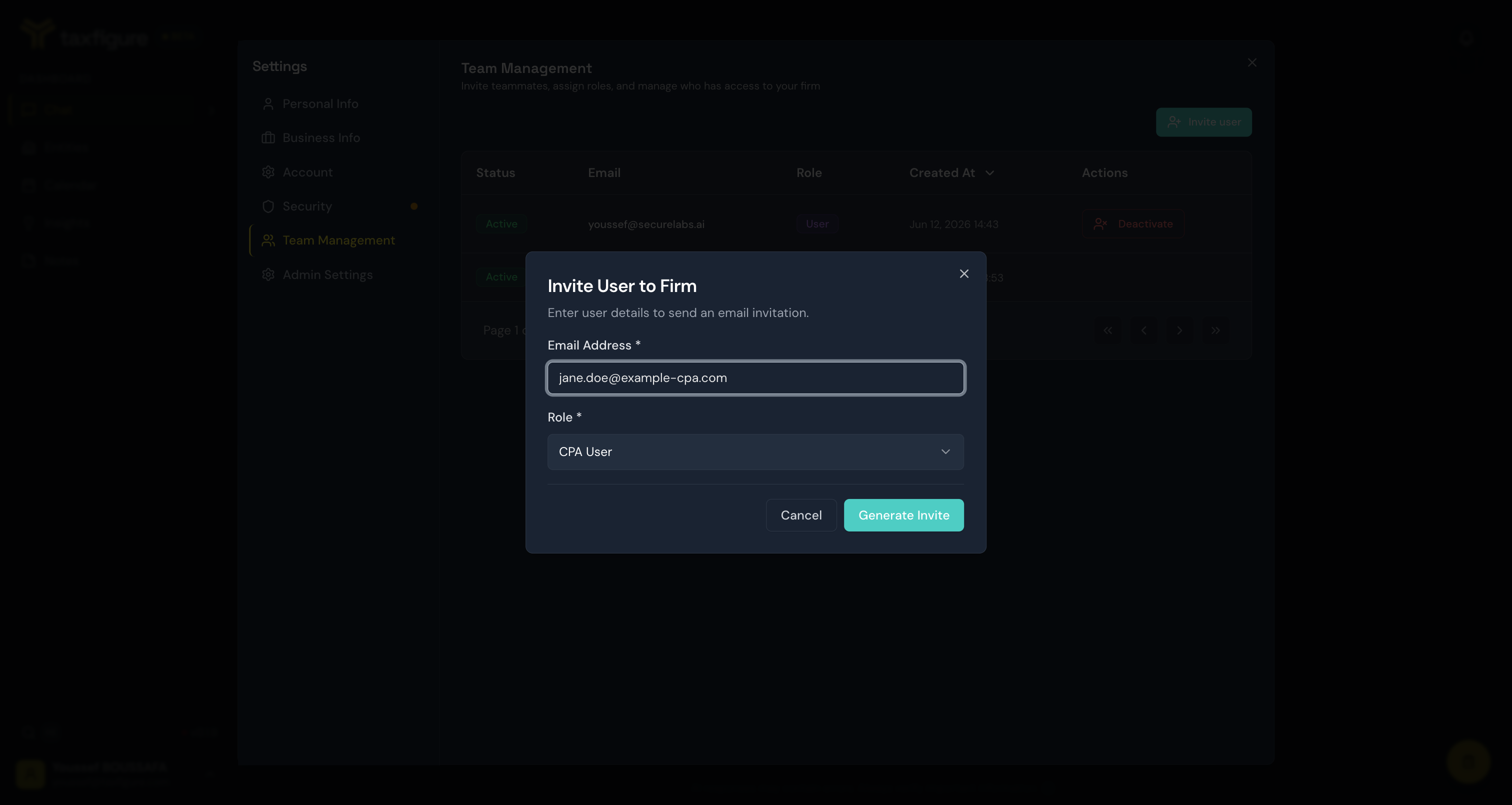 Invite User to Firm dialog