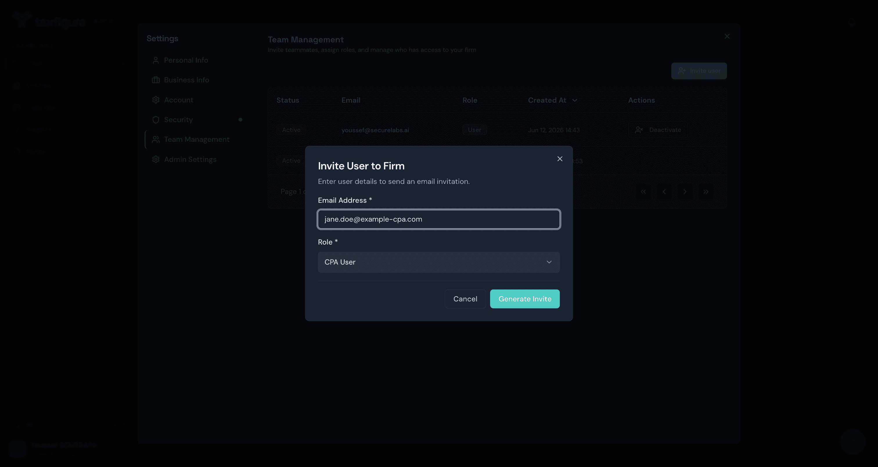 Invite User to Firm dialog
