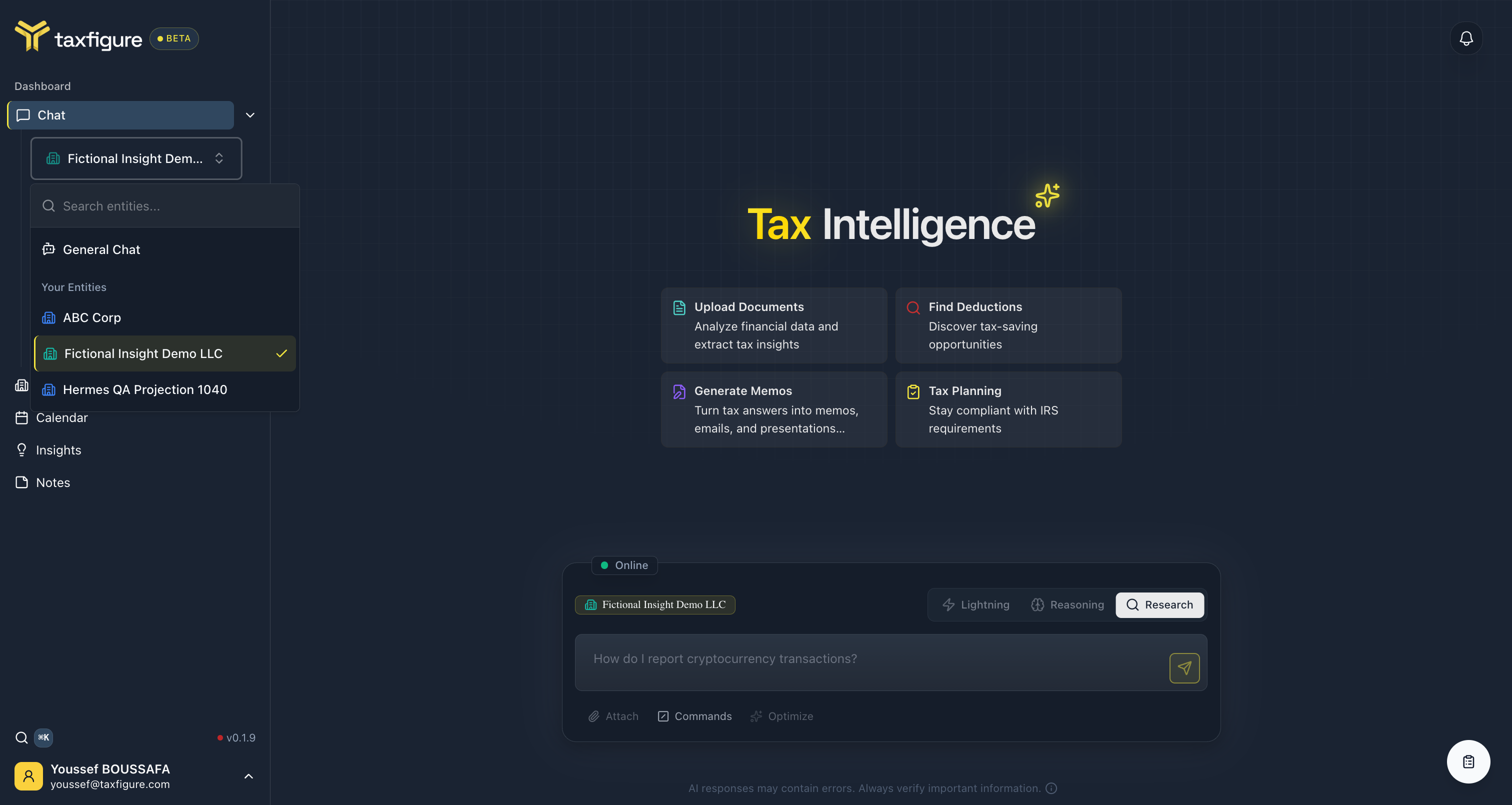 Entity selector in chat sidebar