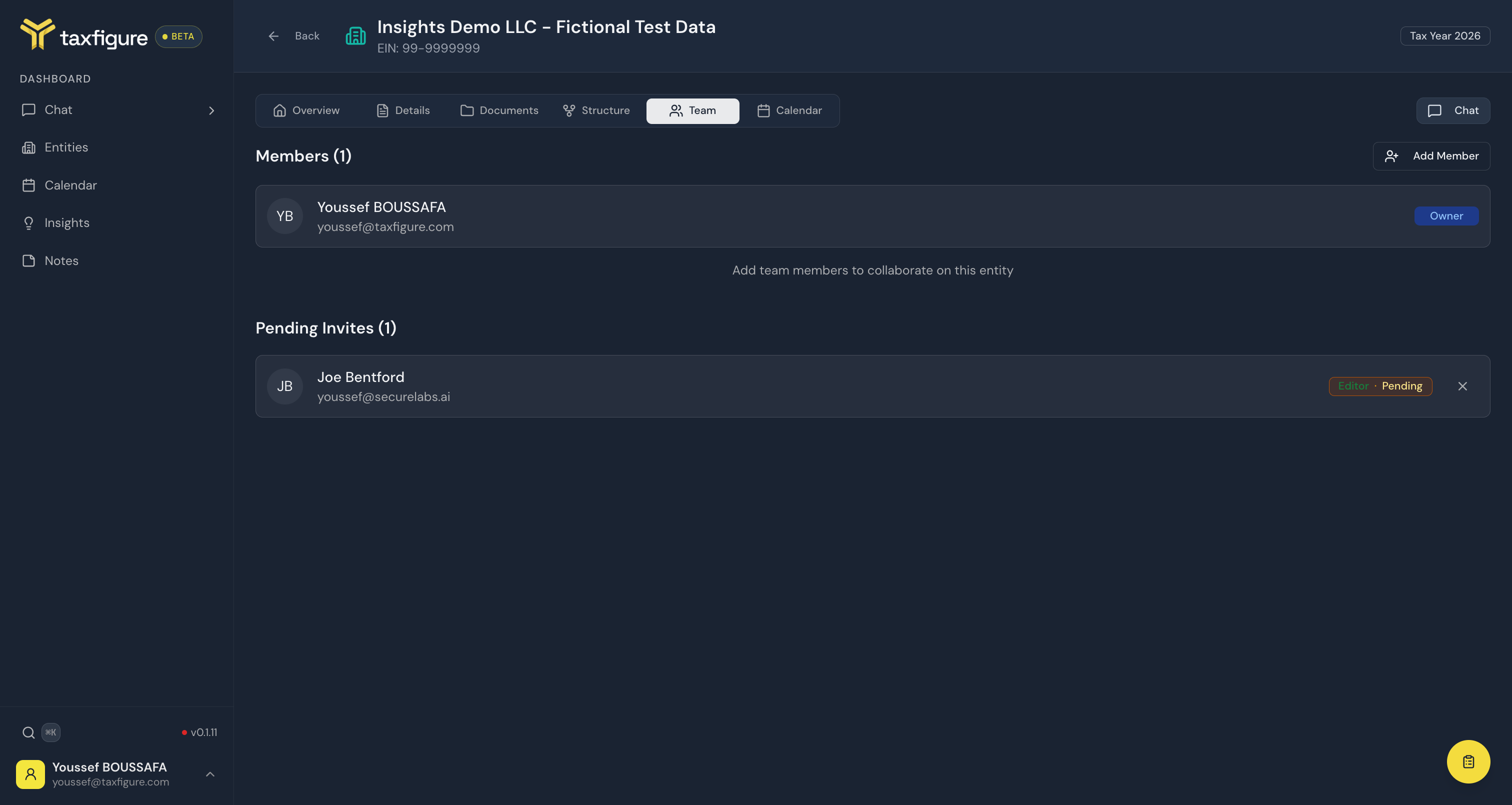 Team tab with a pending entity invite