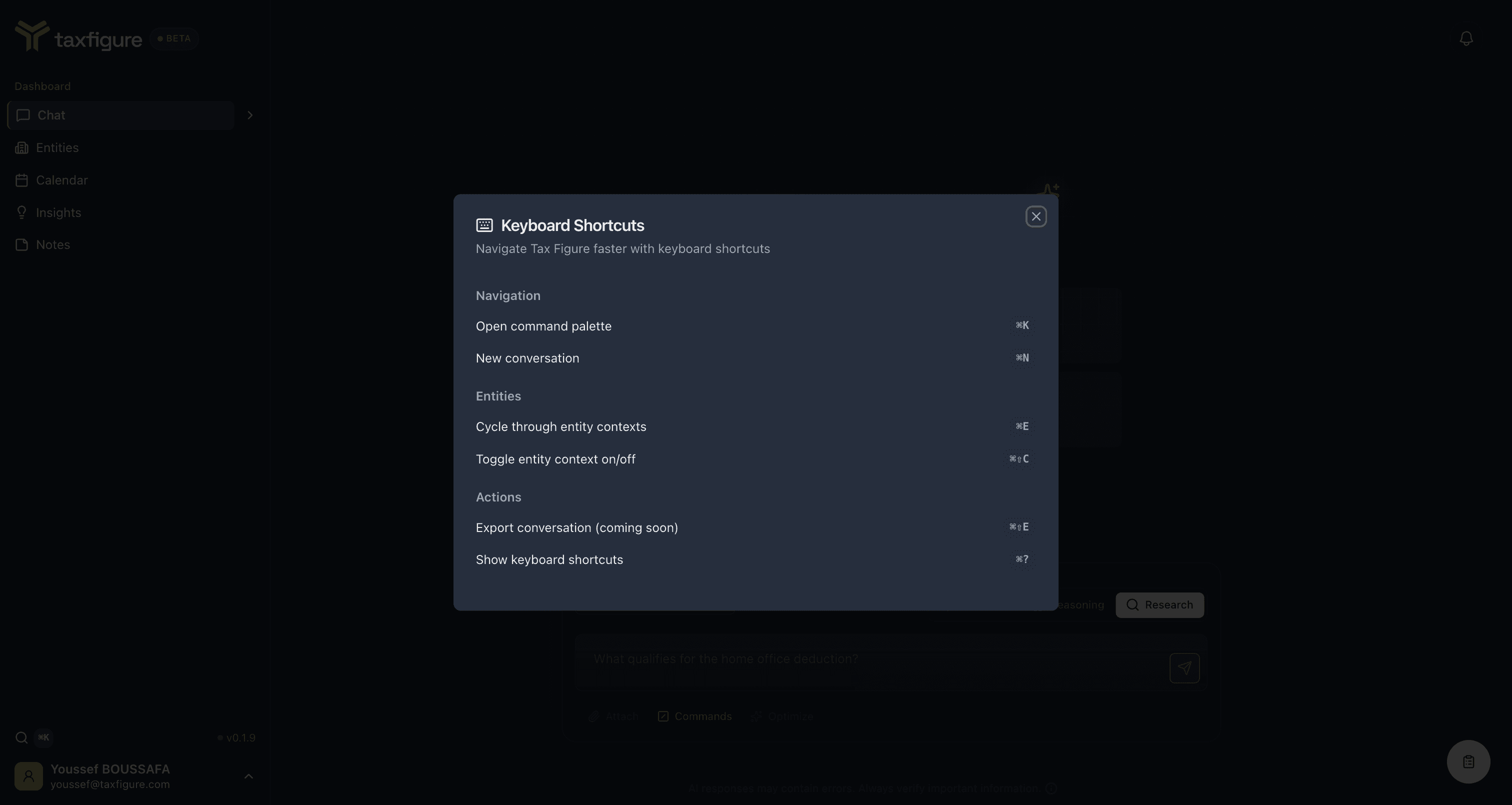 Keyboard shortcuts dialog