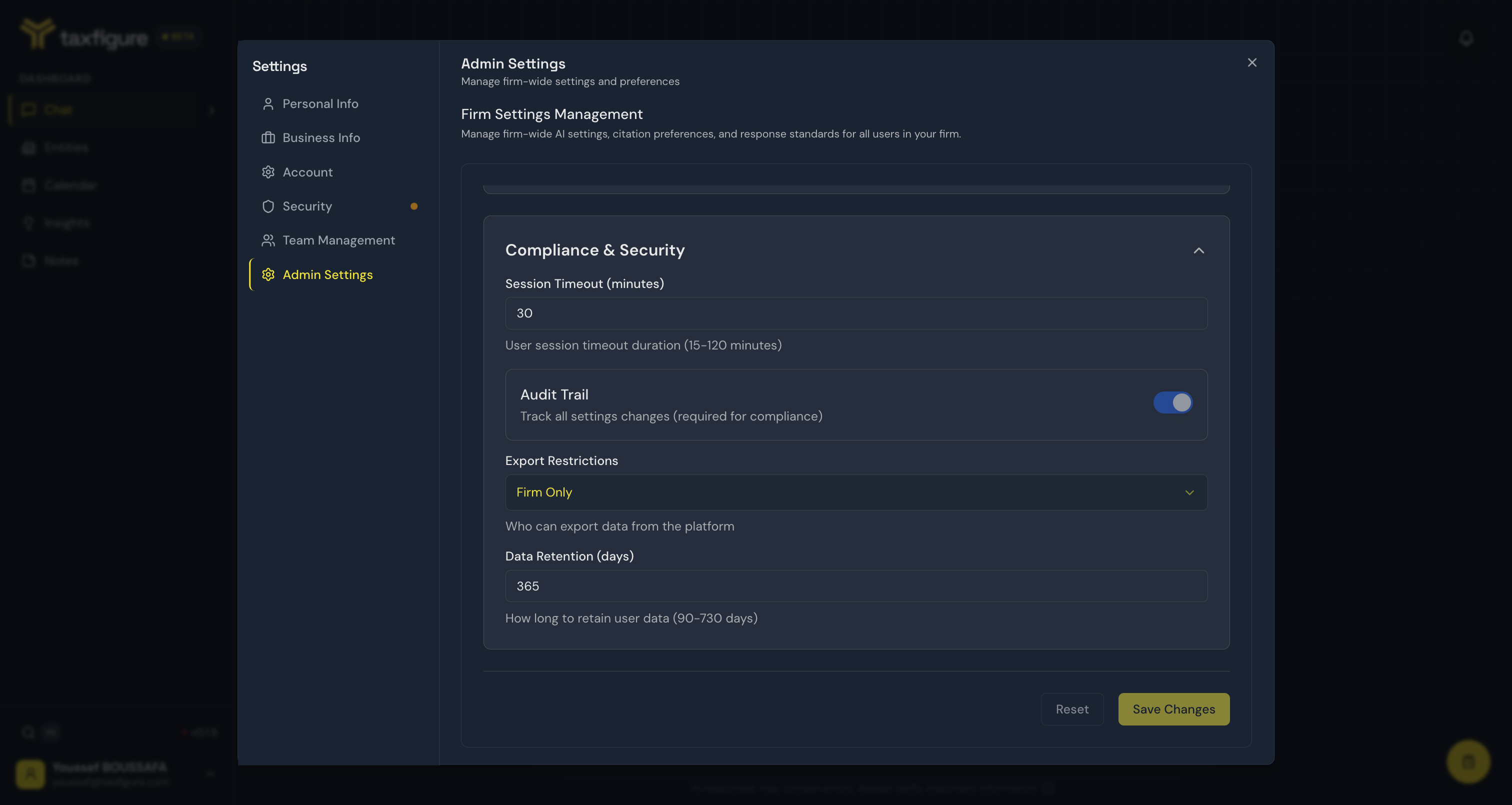 Admin Settings — Compliance & Security