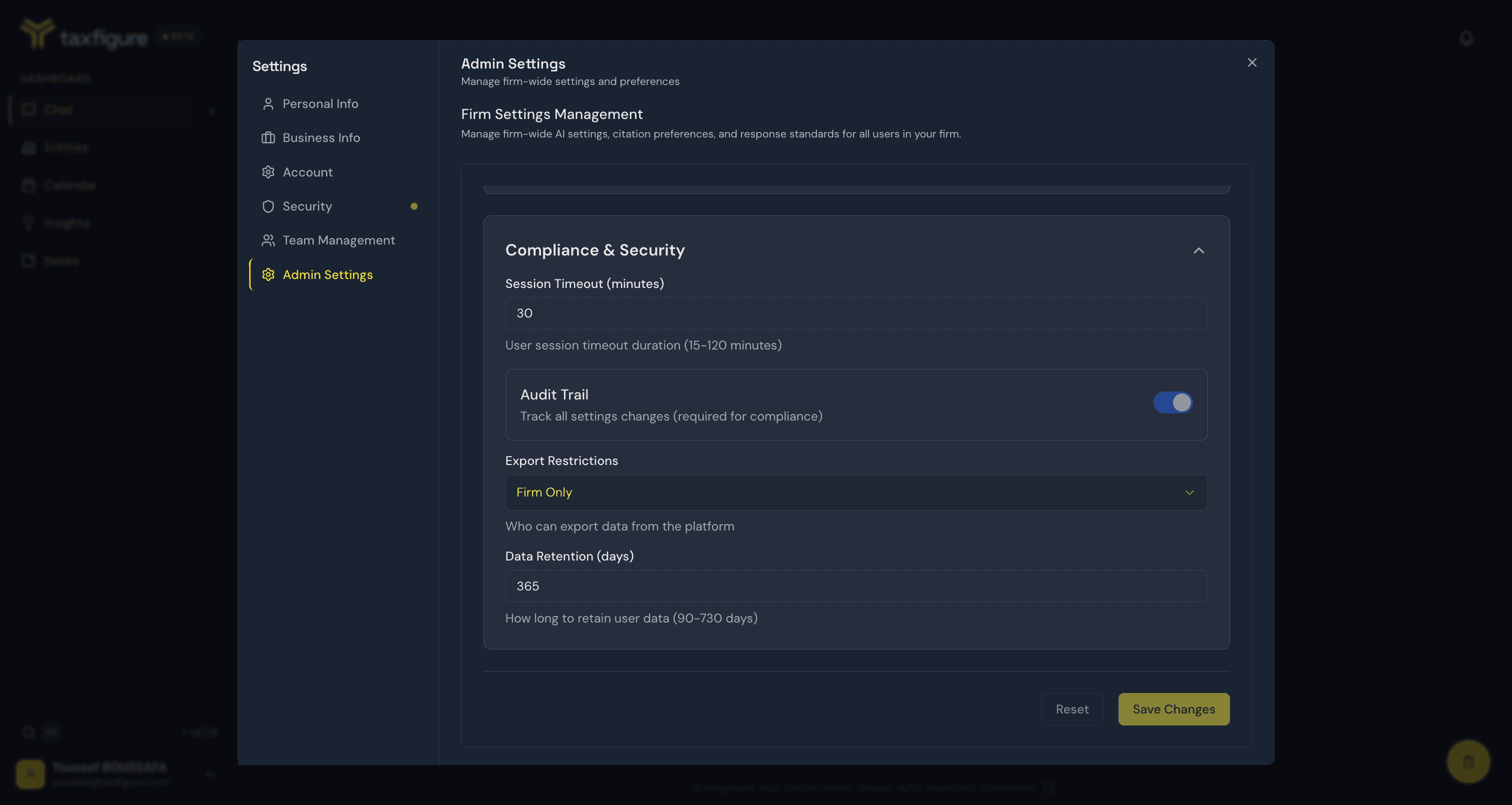 Admin Settings — Compliance & Security