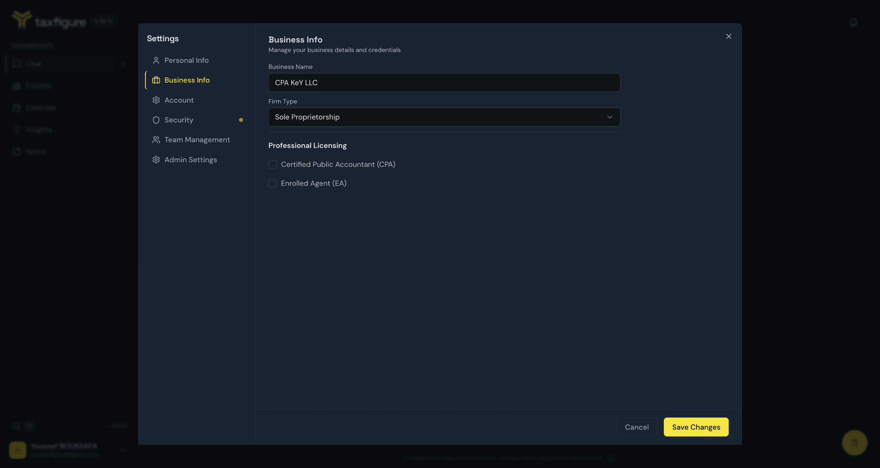 Business Info settings