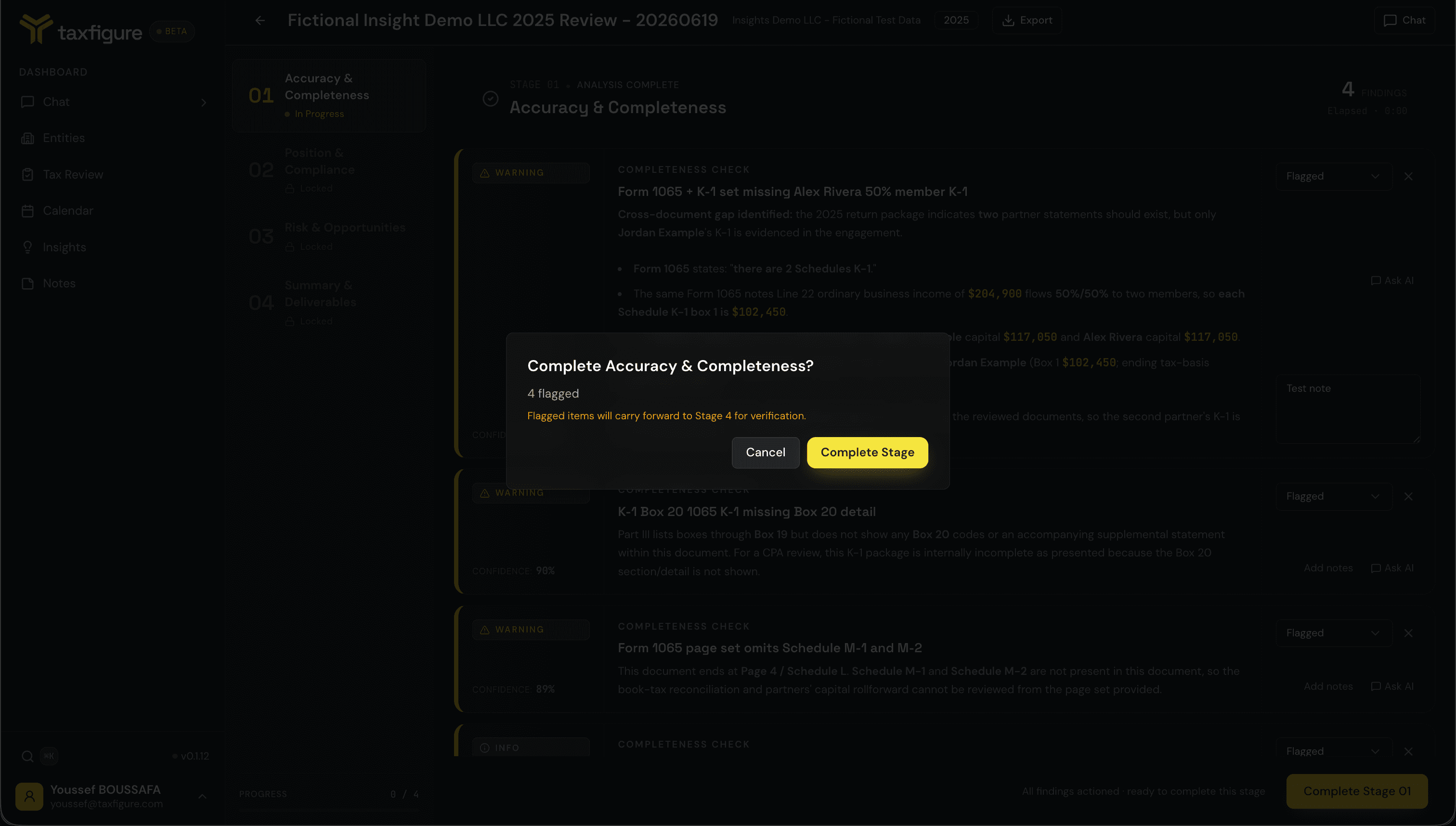 Complete Stage confirmation showing flagged items carry forward