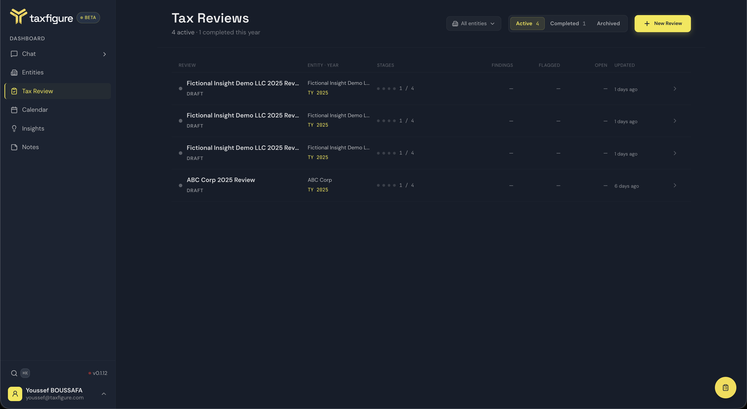 The Tax Reviews list, Active tab