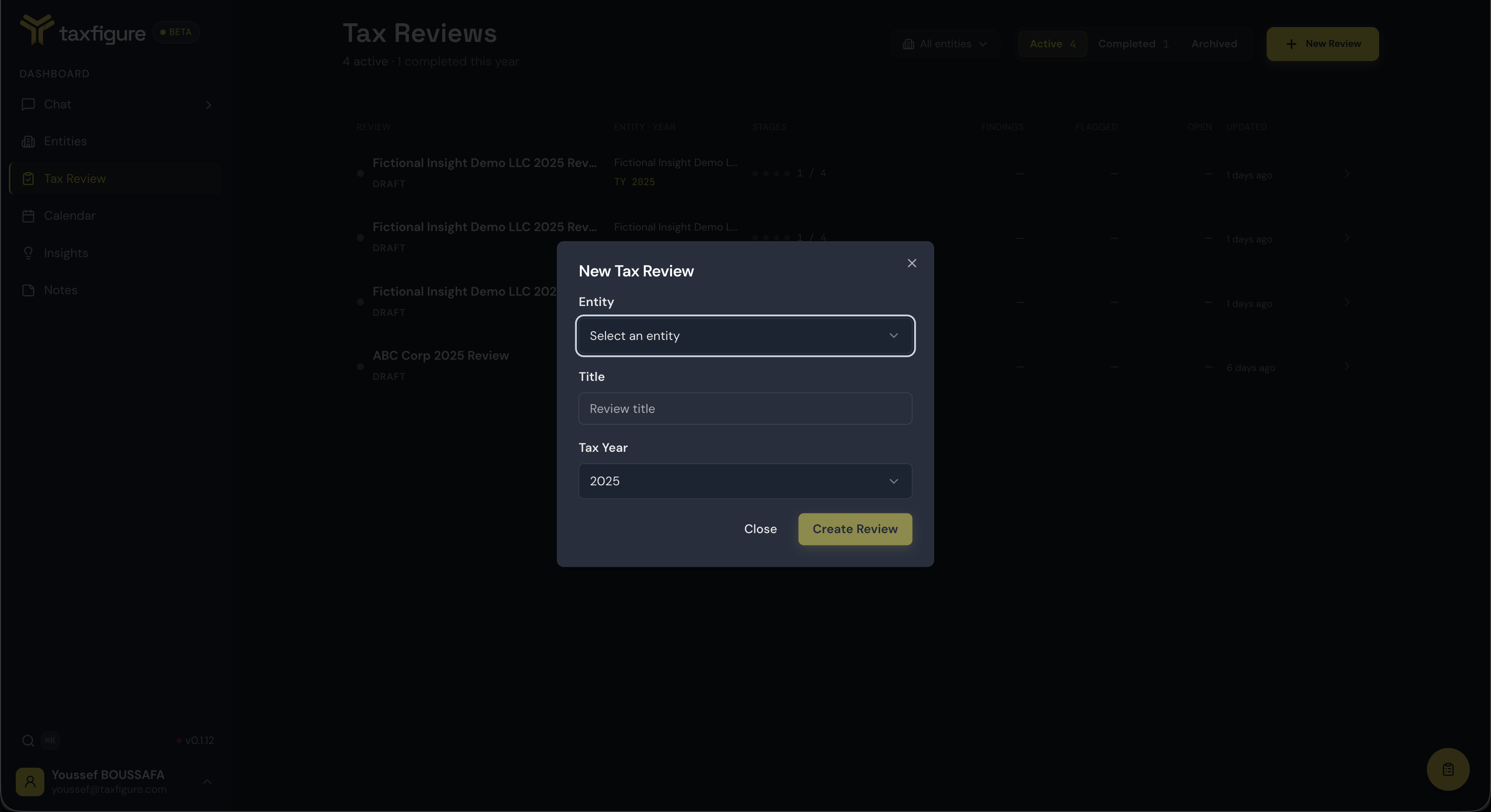 The New Tax Review dialog